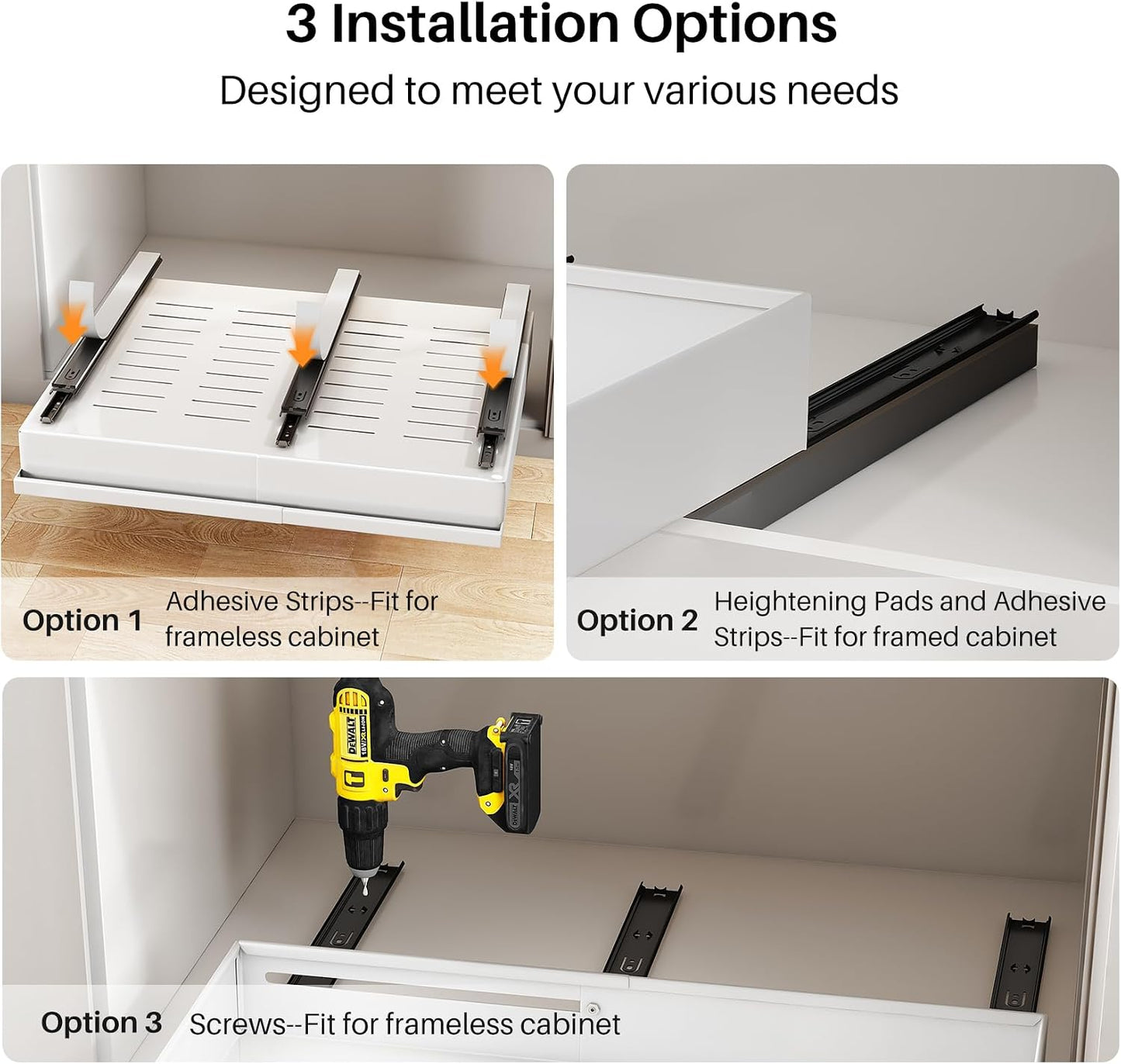 Pull out Cabinet Organizer, 1-Pack Expandable(13.6"-24") Silde out Drawers with Raising Pad for Framed Cabinets, Adjustable Full-Extension Adhesive Roll out Shelves for Kitchen Pantry Home Pot and Pan