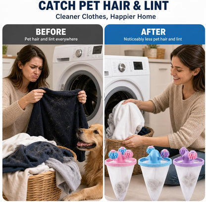 3PCS Washing Machine Hair Filter Mesh Bags, Reusable Laundry Lint Catcher, Effective Pet Hair Removal for Washing Machines, Blue Pink Purple