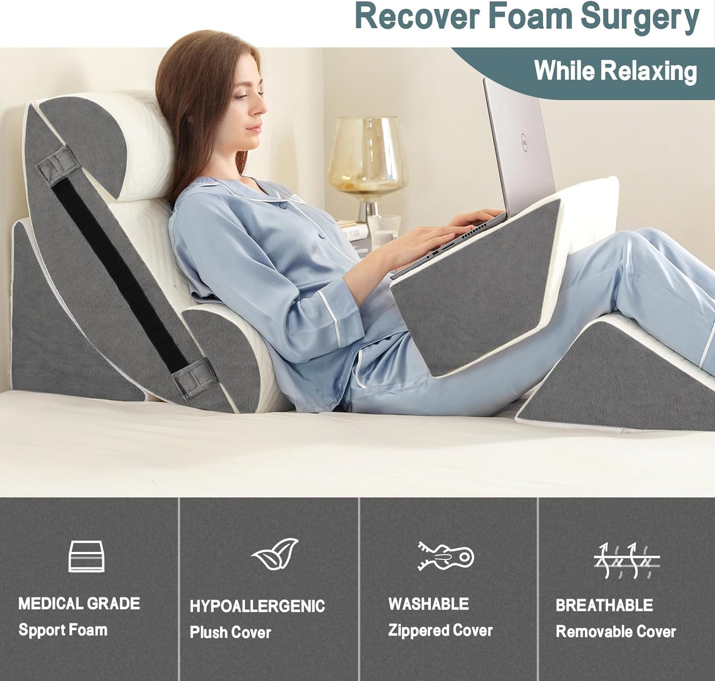 4PCS Bed Wedge Pillow Set for After Surgery, Orthopedic Wedge Pillows for Sleeping, Back, Neck and Leg Pain Relief, Adjustable Memory Foam Support Pillows for Acid Reflux, GERD & Snoring, Grey