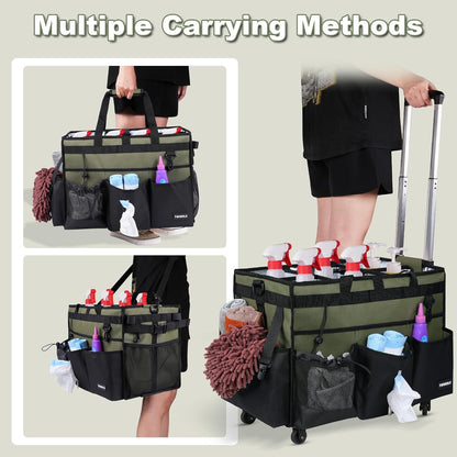 Extra Large Cleaning Caddy Bag with Built-In Support Board, Cleaning Tote Organizer with Removable Divider, Supply Carryall with Adjustable Shoulder Strap and Waist Belt for Cleaners & Housekeeper