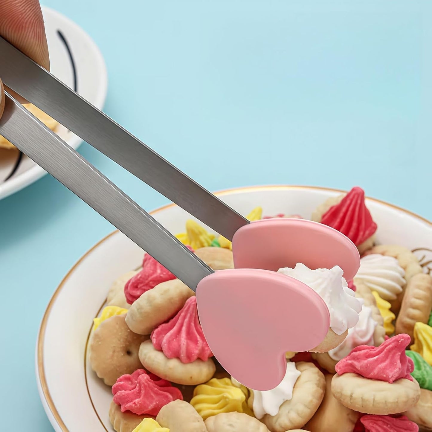 8PCS Mini Food Tongs, Small Stainless Steel Tongs with Silicone Tips, for Ice Cube, fruits, Sugar, Barbecue, 5.3 inch，8 Colors (Heart shape)