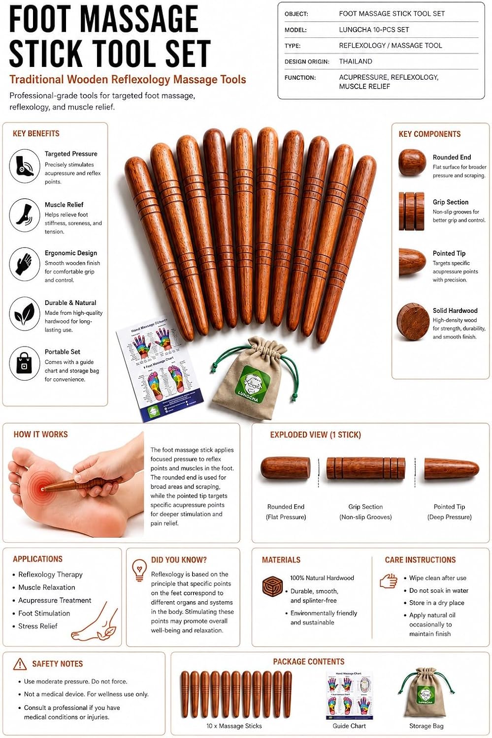 Lungcha Thai Traditional Wooden for Foot Massage Stick Tool Reflexology (Set 10 Foot Massage)