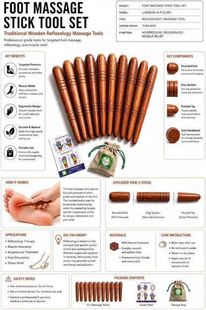 Lungcha Thai Traditional Wooden for Foot Massage Stick Tool Reflexology (Set 10 Foot Massage)