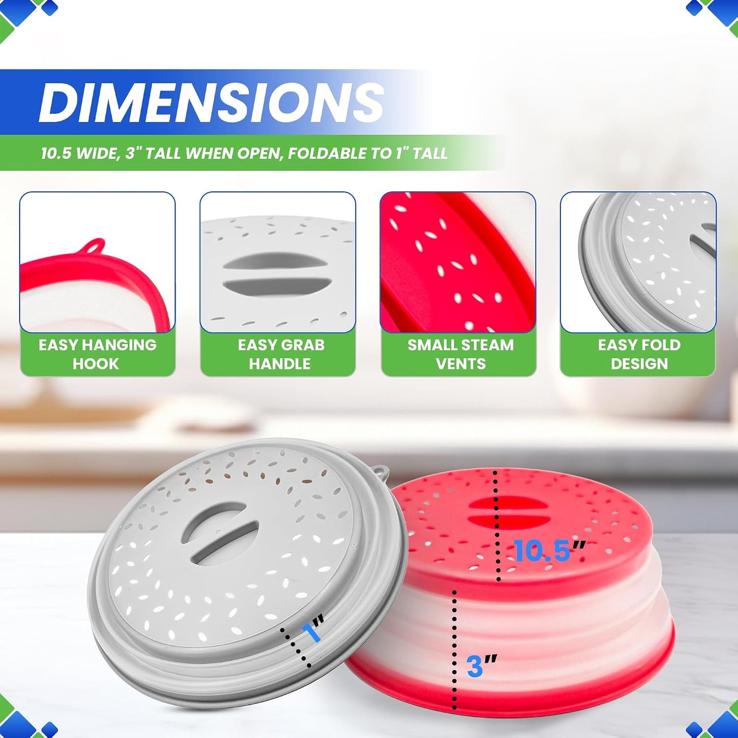 Microwave Splatter Cover 10.5” - Foldable Silicone Microwave Cover for Food | Splatter Covers the Dish and Plate - Durable Silicone Microwave Food Cover Lid With Vents for Microwave Splatter Protection