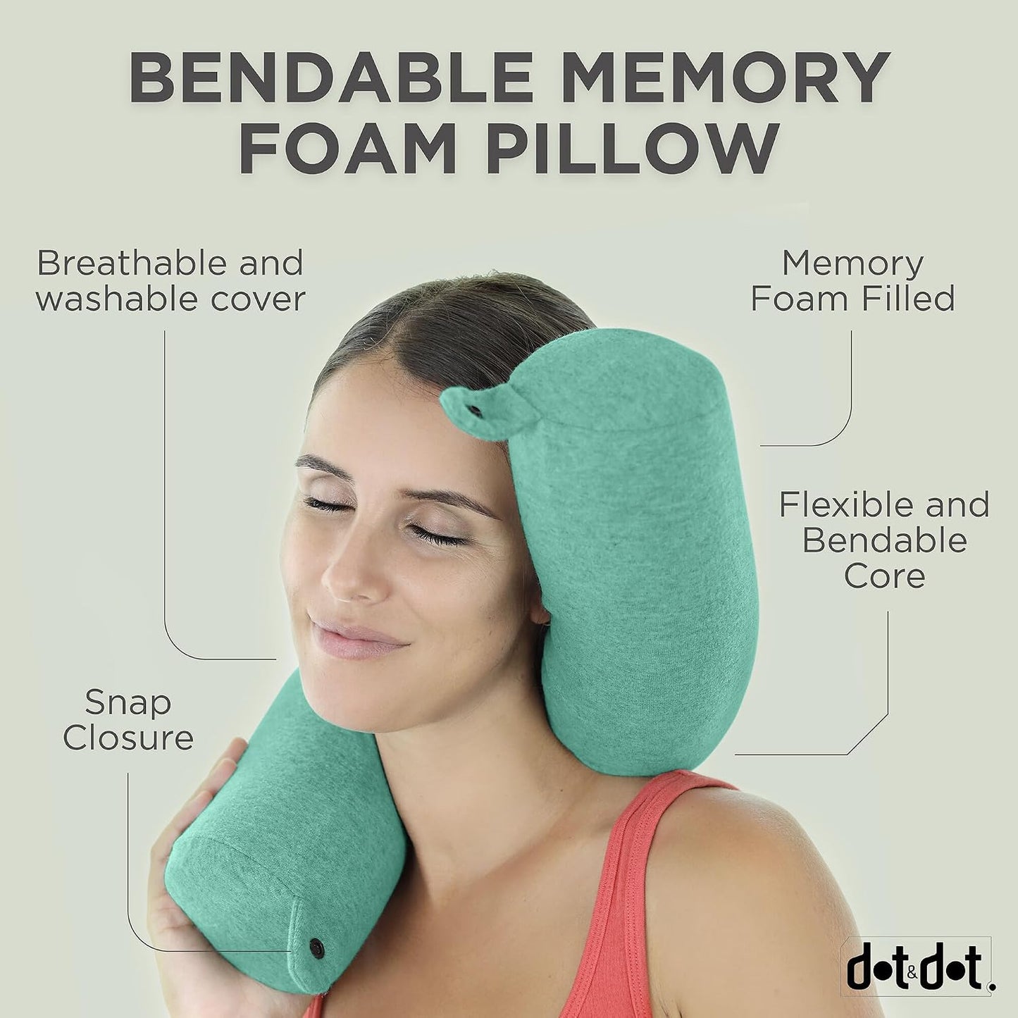 Dot&Dot Twist Memory Foam Travel Pillow, Bendable Neck Pillow for Airplane, Car and Home, 26-Inch Adjustable Roll with Washable Cotton Cover, Gray