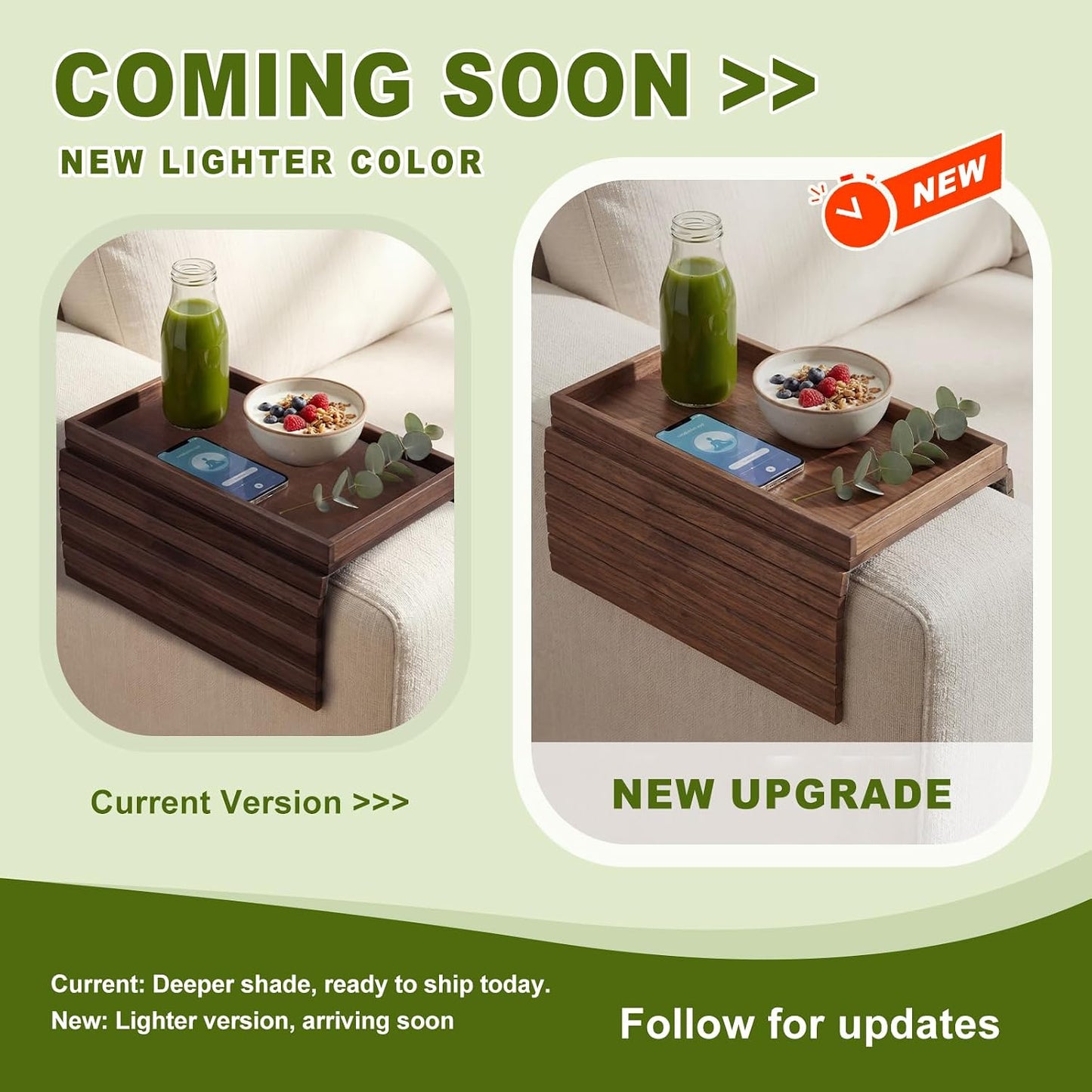 Sofa Arm Tray, Fits 6.5"+ Couch Armrest, Foldable Bamboo Large Storage Tray | Sturdy 12.5" x 5.8" Storage Compartment, Portable Chair Couch Caddy Arm Tray, For Cup TV Snacks Phone