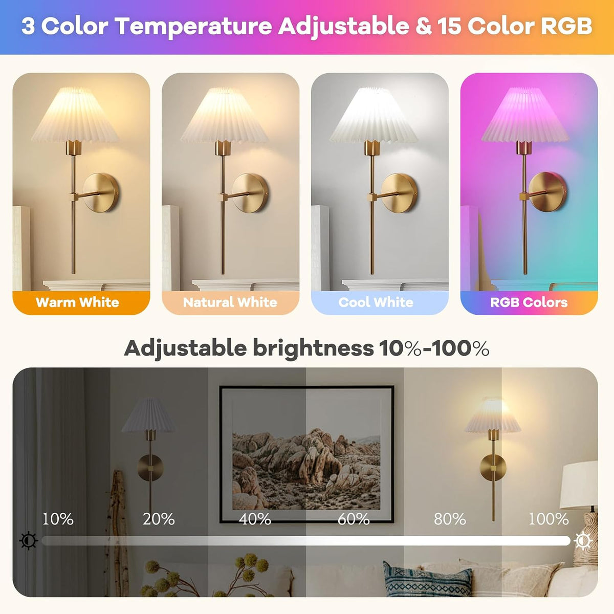 Rechargeable Battery Operated Wall Sconce Sets of 2, 15 Colors Wireless gooseneck Black Wall Lights Fixture with Dimmable Bulbs and Remote, Not Hardwired Wall Mounted Lamps for Bedroom Living Room