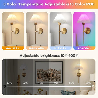 Rechargeable Battery Operated Wall Sconce Sets of 2, 15 Colors Wireless gooseneck Black Wall Lights Fixture with Dimmable Bulbs and Remote, Not Hardwired Wall Mounted Lamps for Bedroom Living Room