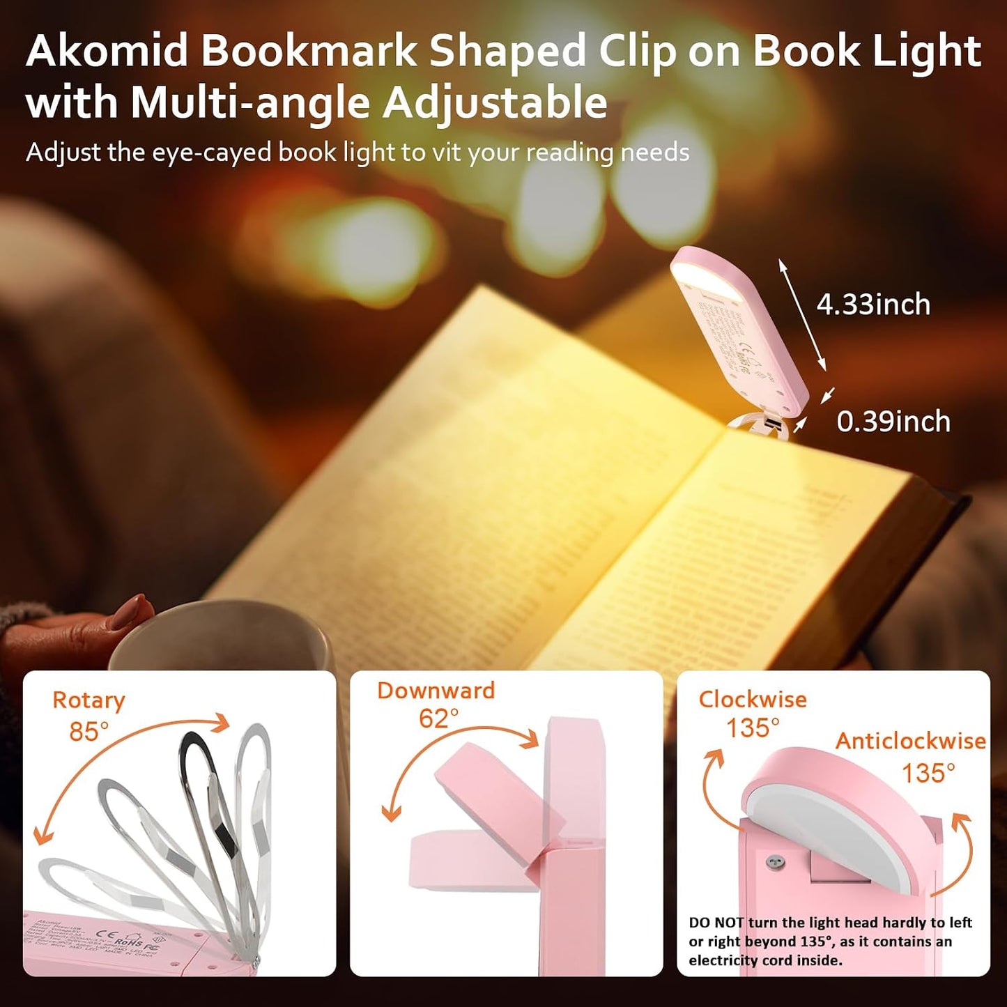 Akomid USB Rechargeable Book Light for Reading in Bed, 8 LEDs Bookmark Style Clip on, Eye-Cared Amber Light Mode for Kids, Blue Light Blocking, Stepless Dimming,Khaki