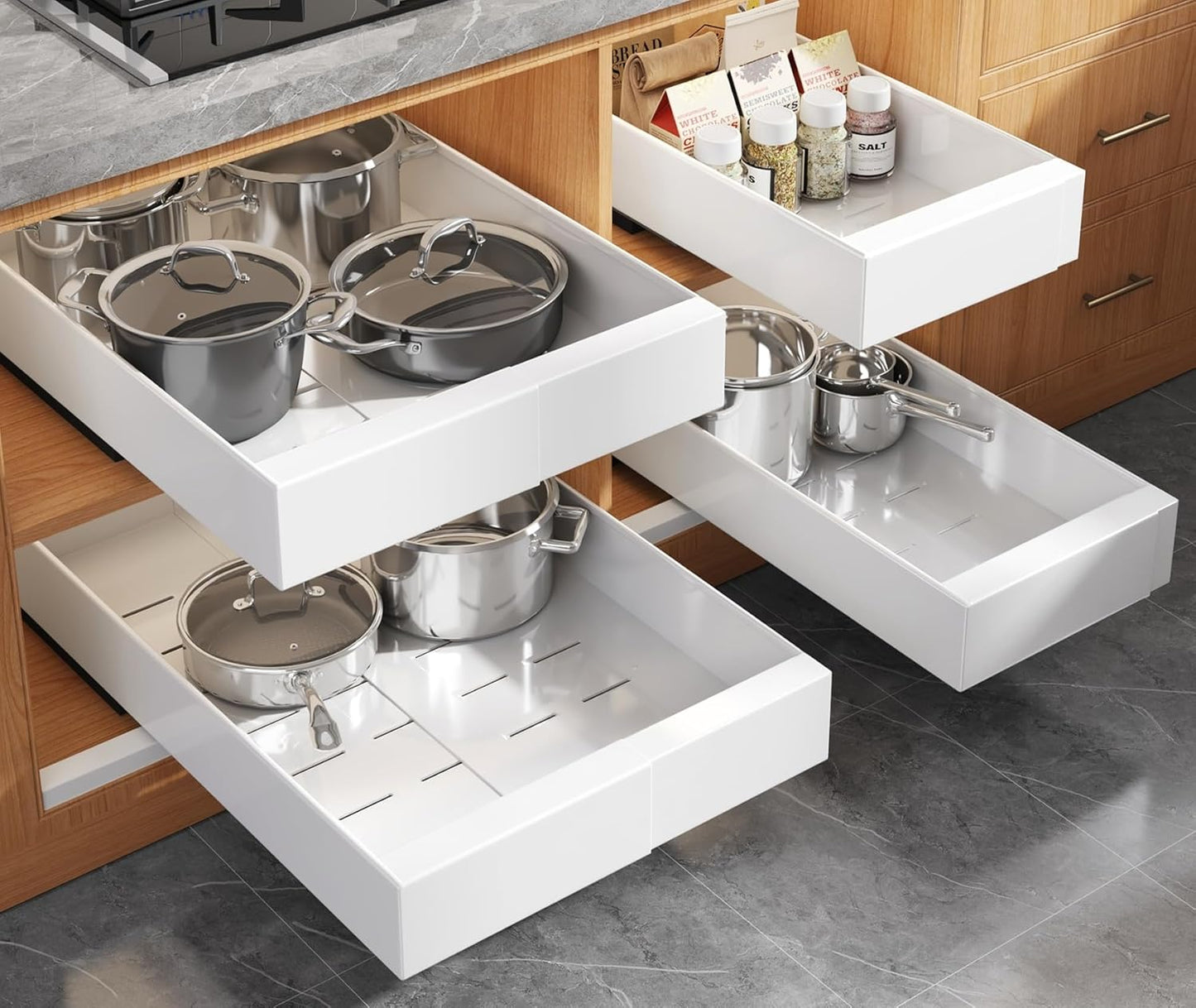Seinloes 4 Pack Expandable Pull Out Cabinet Organizer 21"Deep With Raising Pad for Framed Cabinets,Upgrade 3 Slide Rails Slide Out Drawers,No Drill Roll Out Shelves,Adjustable Width 12.1"-20.4" White