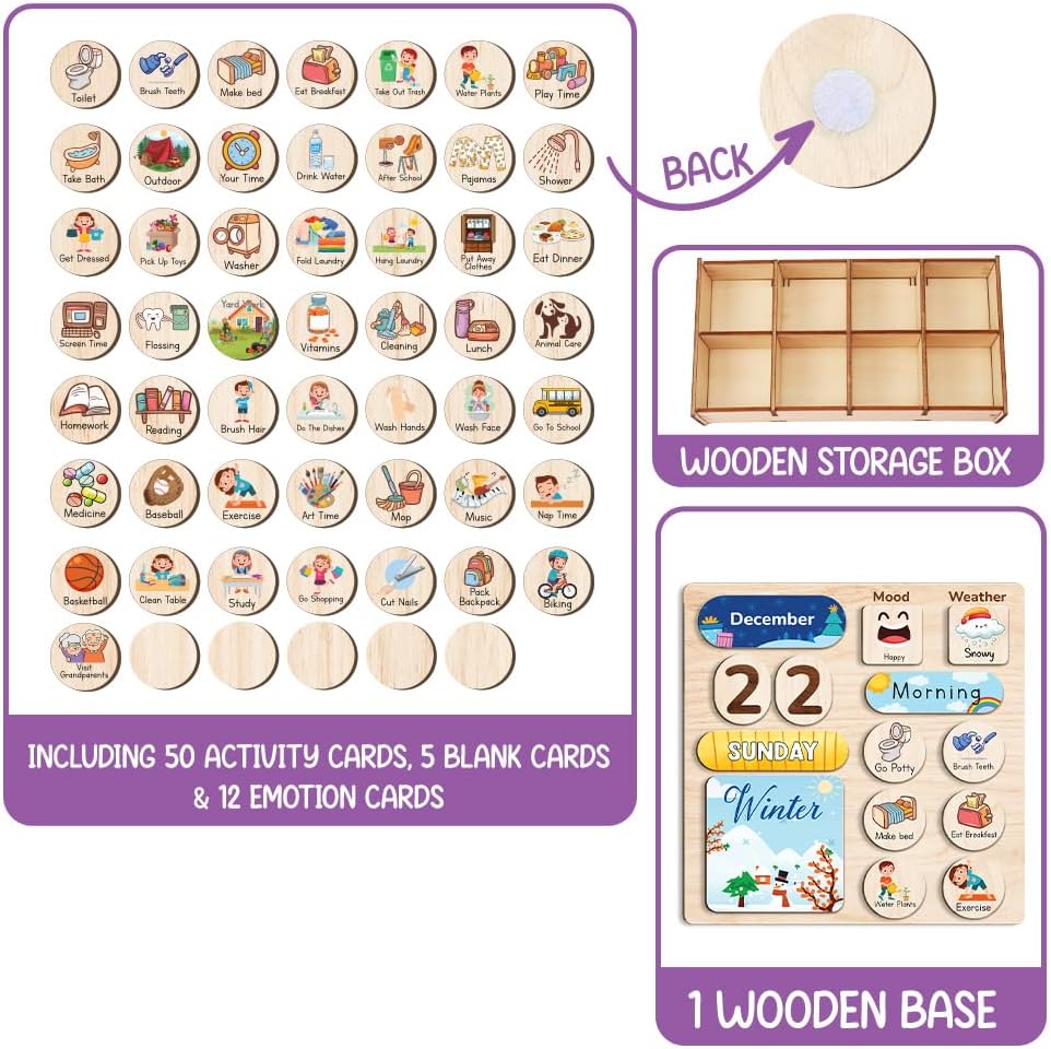 Daily Routine Chart for Kids, Visual Schedule, Routine Chart for Toddlers 3-5, Morning Bedtime Routine Chart for Toddlers, Wooden Chore Chart for Kids