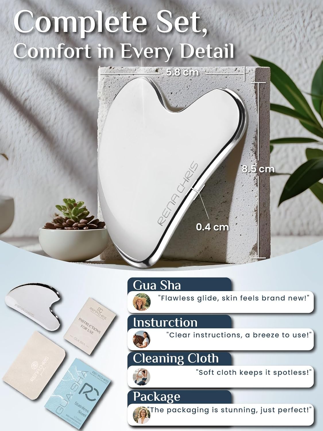 Rena Chris Gua Sha Facial Tools, Stainless Steel Guasha Tool for Acupuncture, Manual Massage Tool for Jawline Sculpting and Puffiness Reducing, Gua Sha Facial Massage Tool, Skin-Care Gift (Silver) | Face Massage Tool for Jawline Sculpting, Puffiness