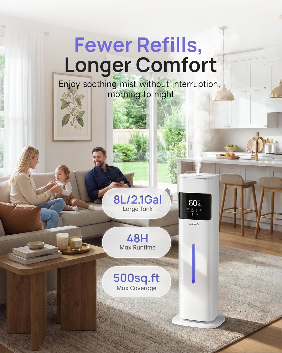 Humidifier Large Room, 2.1Gal/8L Cool Mist Humidifiers for Bedroom 500 sq ft, Humidifiers for Home with Essential Oil Diffuser, Top Fill Quiet Humidifier for Baby Nursery Office Plants, Black