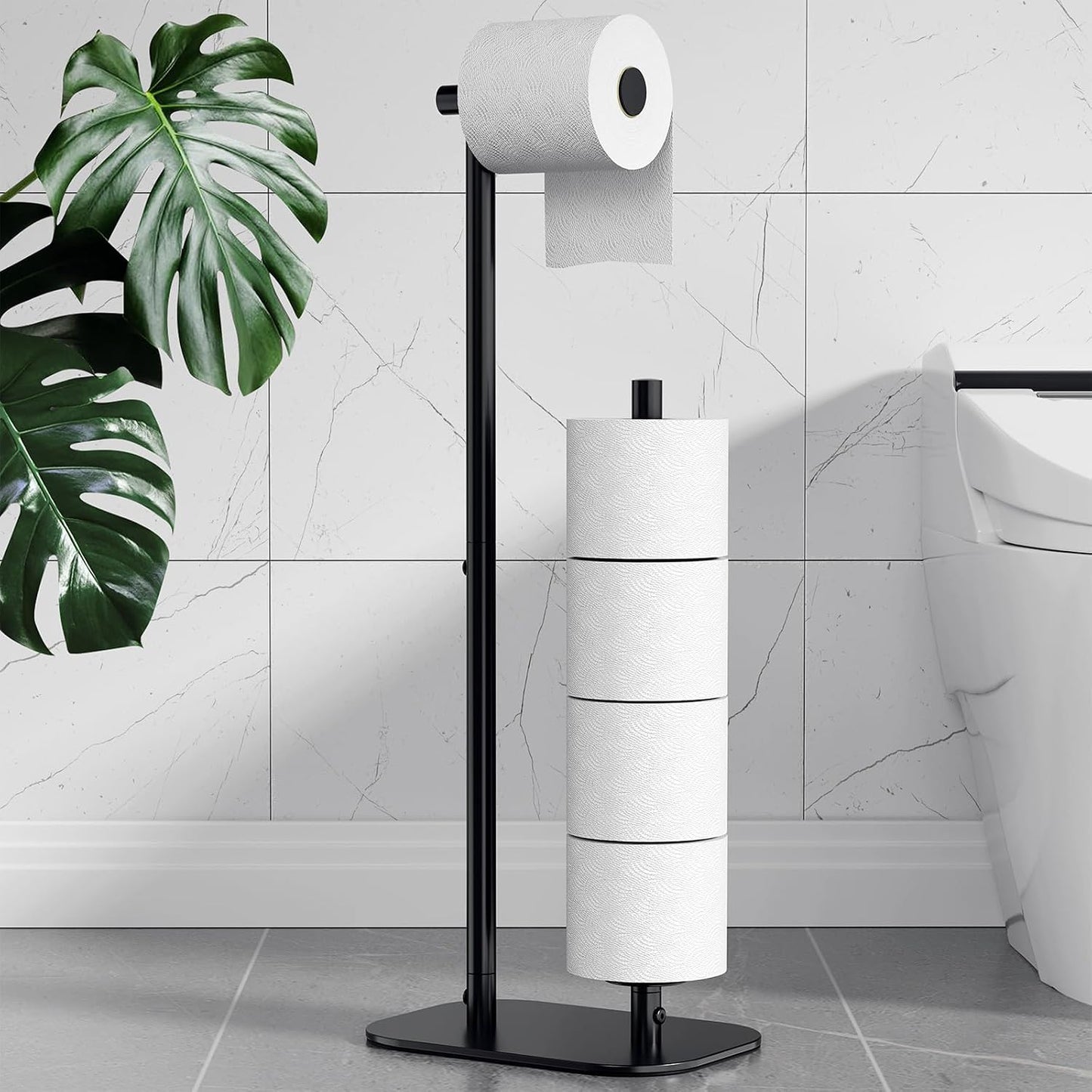 Kitsure Toilet Paper Holder Stand, Bathroom Storage, Medium, Black | Large Capacity Toilet Paper Holder for 4 Rolls, Rustproof Toilet Paper Holder Free Standing, Non-Slip Stable Base