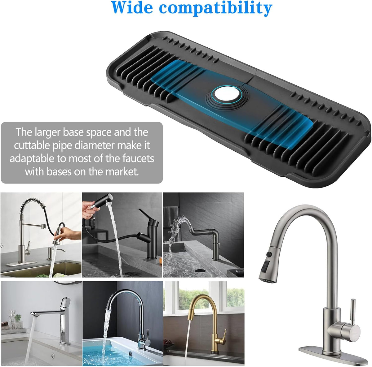 Silicone Faucet Mat, EK-Memory-fish Kitchen Faucet Mat Silicone Faucet Drip Catcher with Cuttable Circular Central for Kitchen Sink, Tailor-Made for Faucets with Deck Plate (Black)