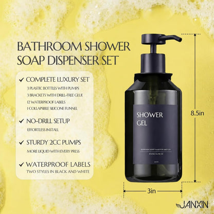 Shampoo and Conditioner Dispenser Set of 3 for Wall Mount | 16.9 fl oz Drill Free Shower Soap Bottles,Refillable Body Wash Dispensers for Bathroom Decor (Amber Bottles + Bamboo Pumps)