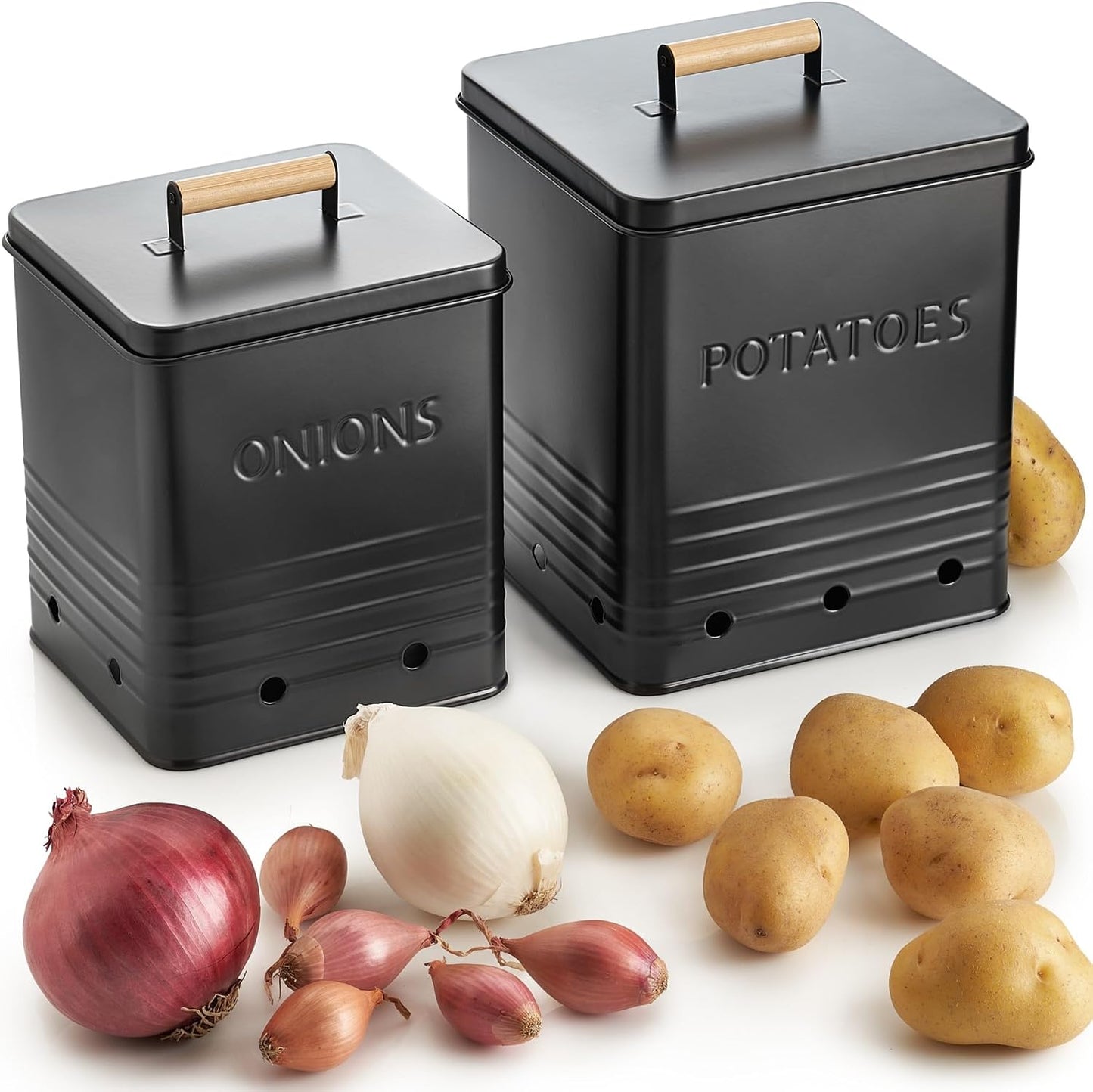 Beautiful Potato and Onion Storage Container Set - Food Safe Metal Bins | Spacious 10.1" and 8.9" Canisters for Your Kitchen Counter or Pantry - Keeps Produce Fresh Longer