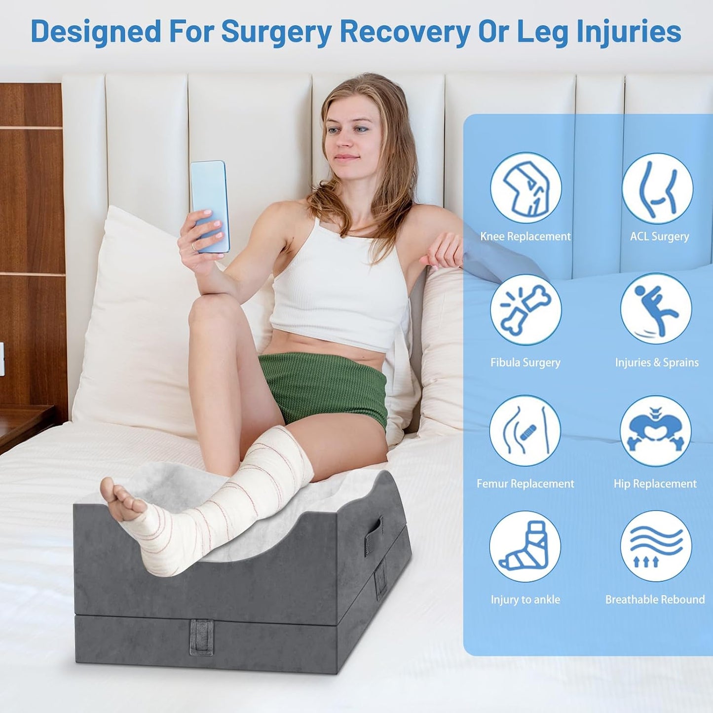 TranquilRelax Leg Elevation Pillow for After Surgery, Wedge Pillow, Grey | Single-leg design, adjustable height, U-shaped cradle, supportive memory foam, washable cover, leg elevation for swelling