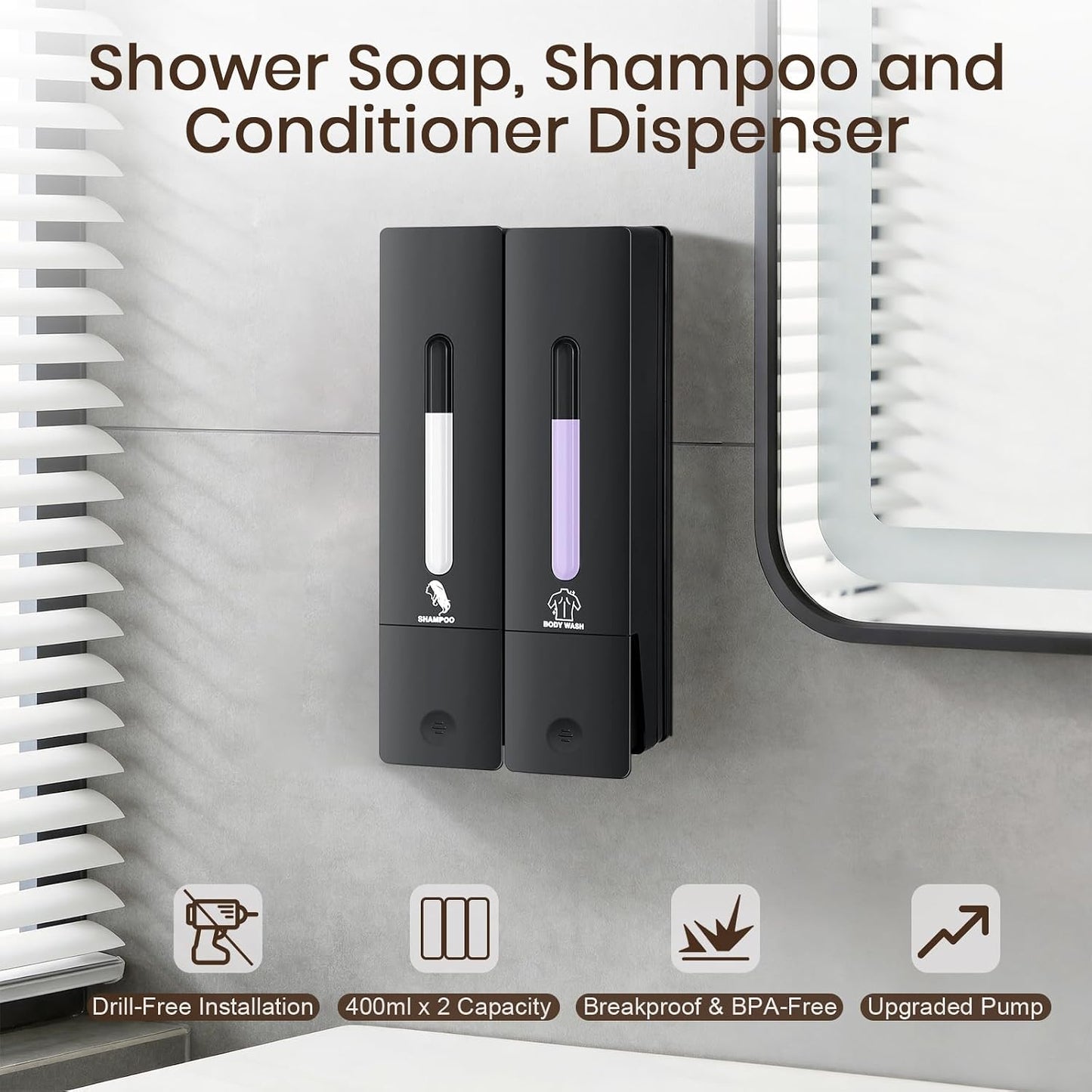 3 Chamber Shampoo and Conditioner Dispenser Set, No Drill Shower Soap | Refillable wall-mounted bottles, BPA-free. 3x400ml. Dispenses shampoo, conditioner,body wash, soap, lotion, gel. Black.