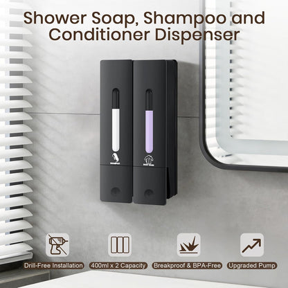 3 Chamber Shampoo and Conditioner Dispenser Set, No Drill Shower Soap | Refillable wall-mounted bottles, BPA-free. 3x400ml. Dispenses shampoo, conditioner,body wash, soap, lotion, gel. Black.