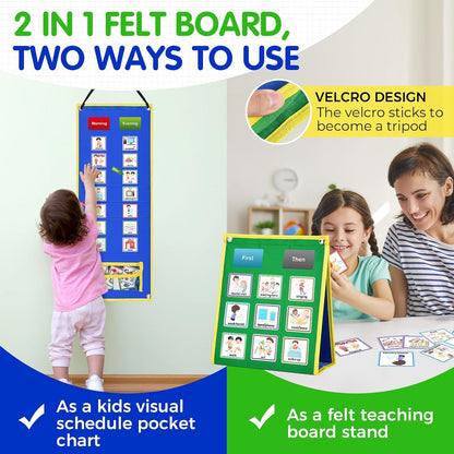 KIKIGOAL Kids Visual Schedule Calendar Chart, 2 in 1 Autism Daily Chore Routine Chart with 96 Cards Autism Learning Materials Bedtime Routine for Toddlers Home School