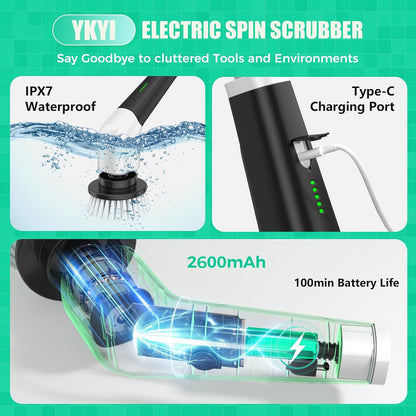 YKYI Electric Spin Scrubber, Cordless Power Cleaning Brush with Long Handle | 8 Brush Heads, 3 Handle Lengths, 2 Speeds, IPX7 Waterproof, 100-Minute Runtime for Tubs, Tile, Floors, Grout, Glass and Cars