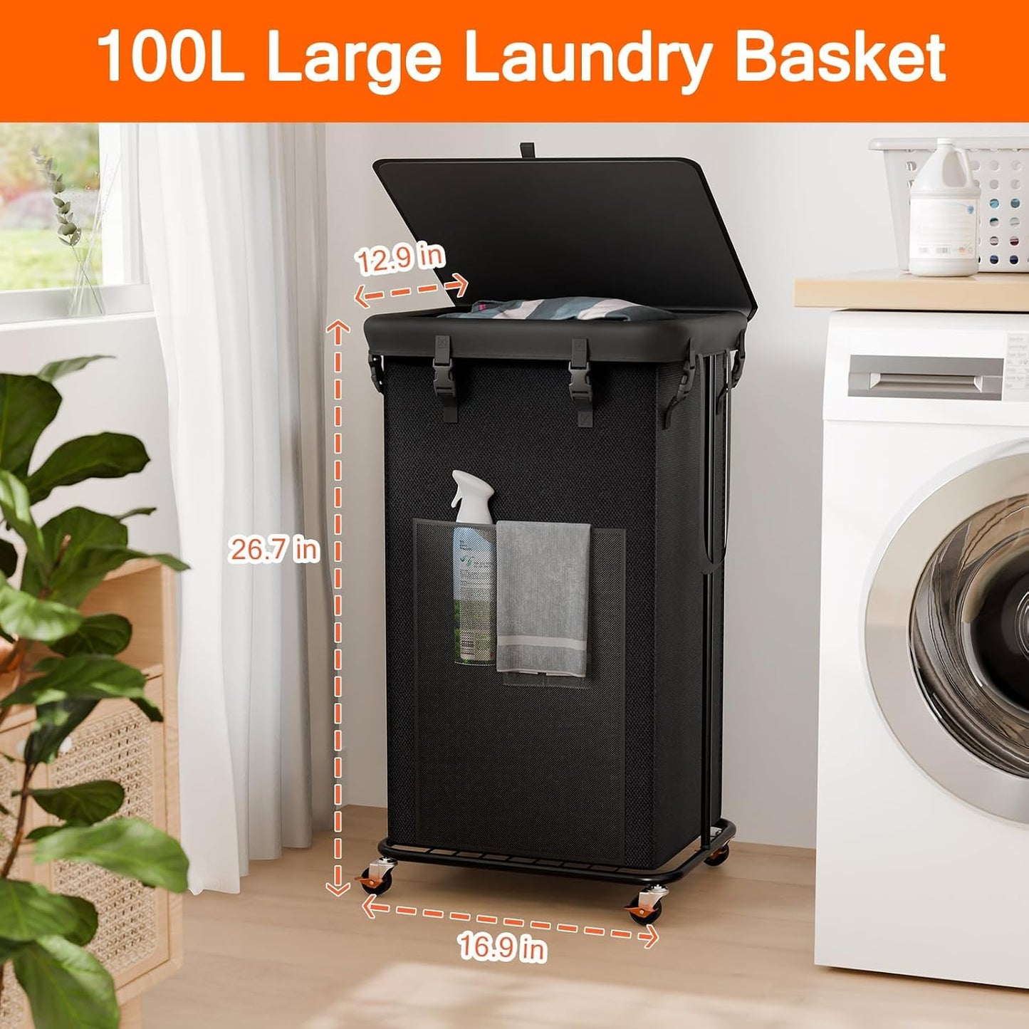 Laundry Hamper with Wheels, 150L Rolling Laundry Basket with Bag & Handles | Sturdy Metal Frame | Removable Bag | Large & Tall Dirty Clothes Hampers for Laundry Room, Bedroom, Dorm, Bathroom-Black
