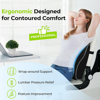 AUVON Office Lumbar Support Pillow with Patented Bulge for Back Support | Ergonomic Office Home Essentials Improve Posture, Memory Foam Chair Cushion for Home, Office, Car, Mesh Cover, Double Straps