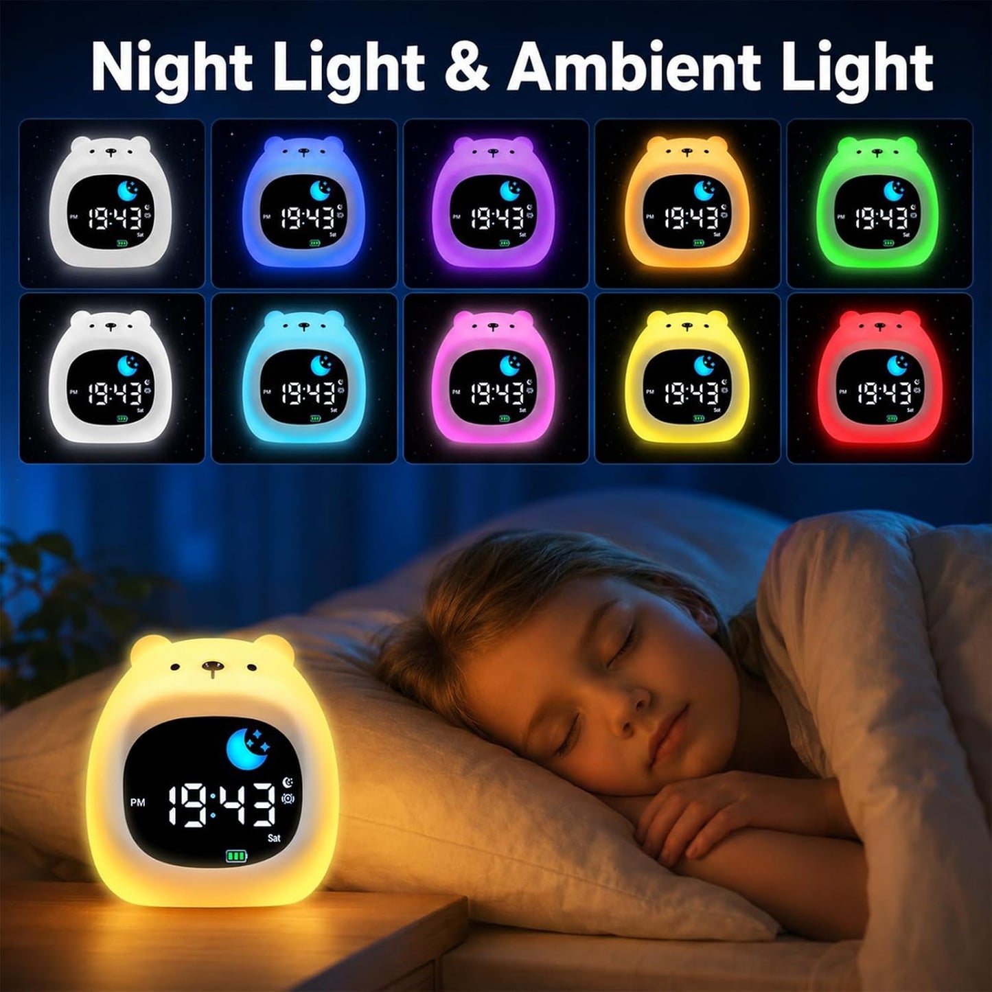 Kids Alarm Clock, Sunrise Alarm Clock with Night Light, LED Display Bedside Clock with Sleep Music Soothing Sounds, Snooze Function, 12/24H, 6 Adjustable Brightness for Bedroom, White Bear