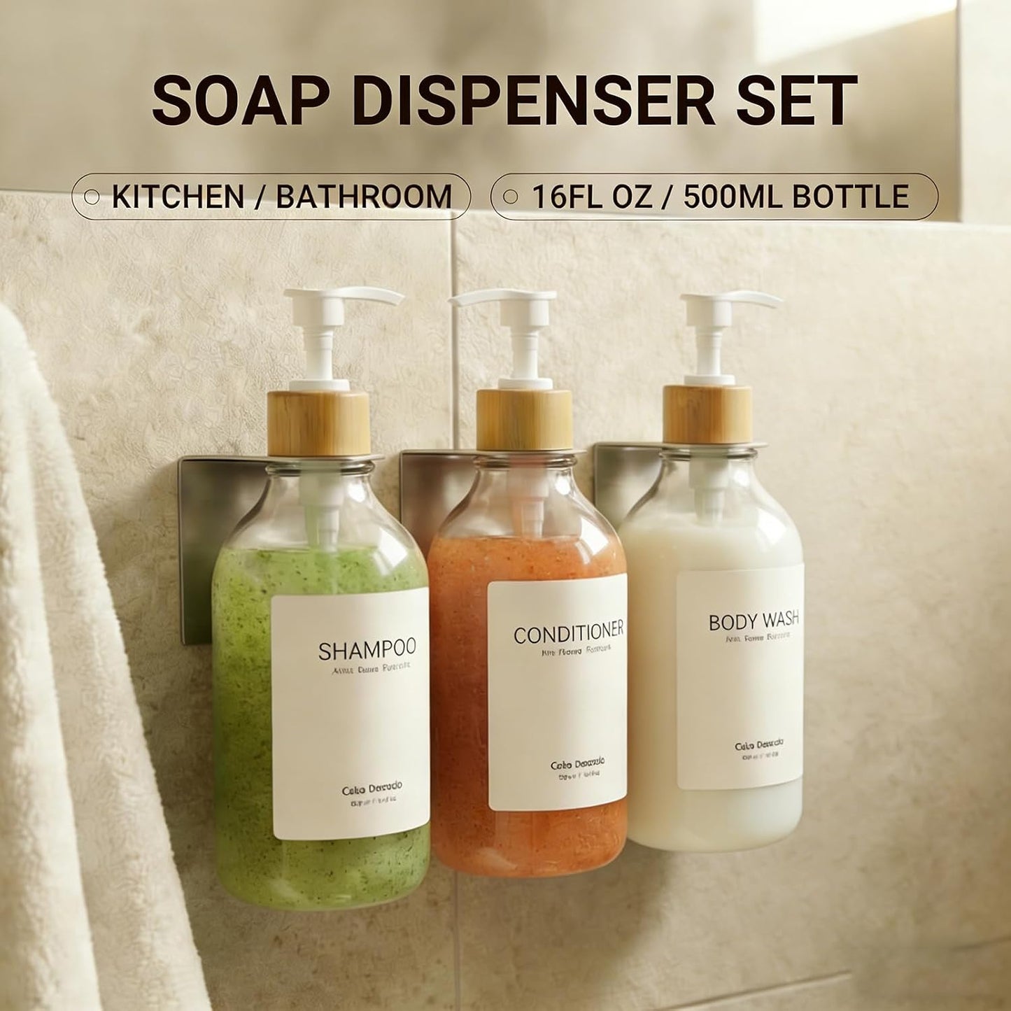 Shampoo and Conditioner Dispenser - Shower Soap Dispenser 3 Chamber No Drill - Bathroom Soap Dispenser Wall Mount Adhesive - Clear PET Bottles with Nature Bamboo Pumps Set Refillable 1500ml
