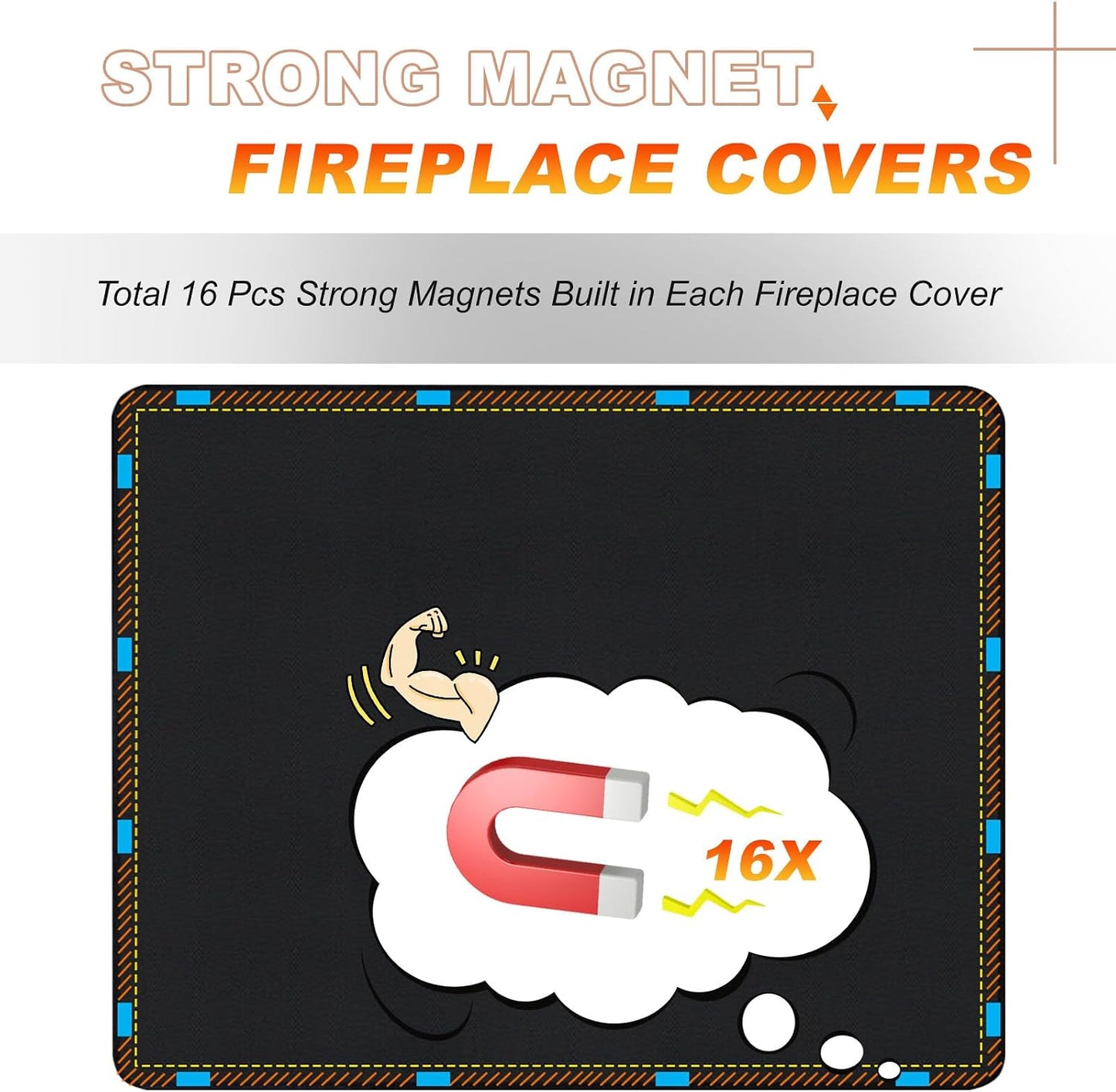Magnetic Fireplace Cover, Draft Stopper for Brick Fireplace, Fireplace Flue Blocker with 16 Pieces Strong Magnets, Indoor Fireplace Blanket for Heat Loss, Winter and Summer, Black, 42x34 Inches