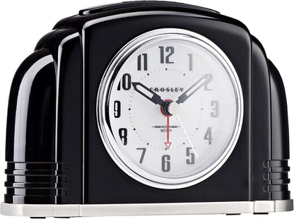 Crosley Vintage Art Deco Analog Alarm Clock, Quiet Ticking, Automatic Dimmable Smart Light, Simple Controls, (Black)