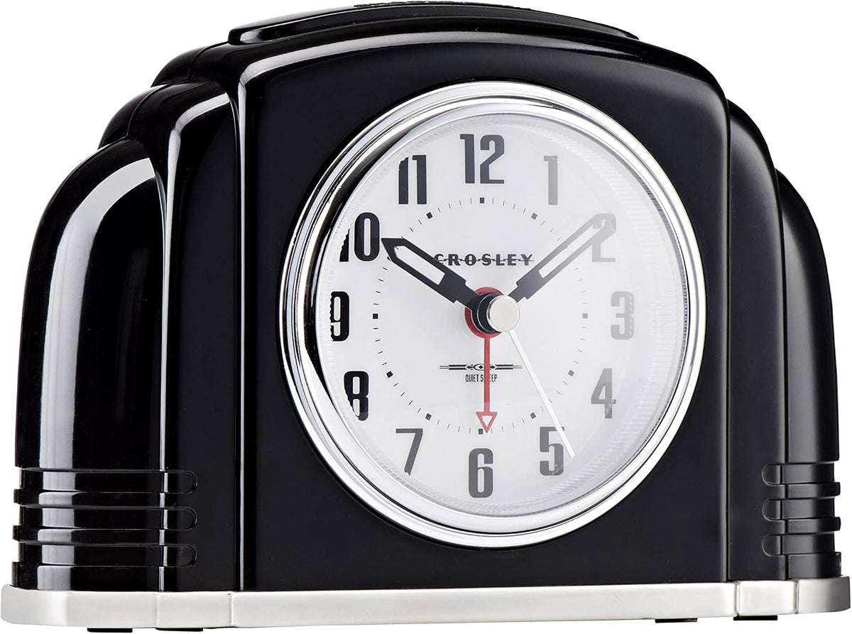 Crosley Vintage Art Deco Analog Alarm Clock, Quiet Ticking, Automatic Dimmable Smart Light, Simple Controls, (Black)