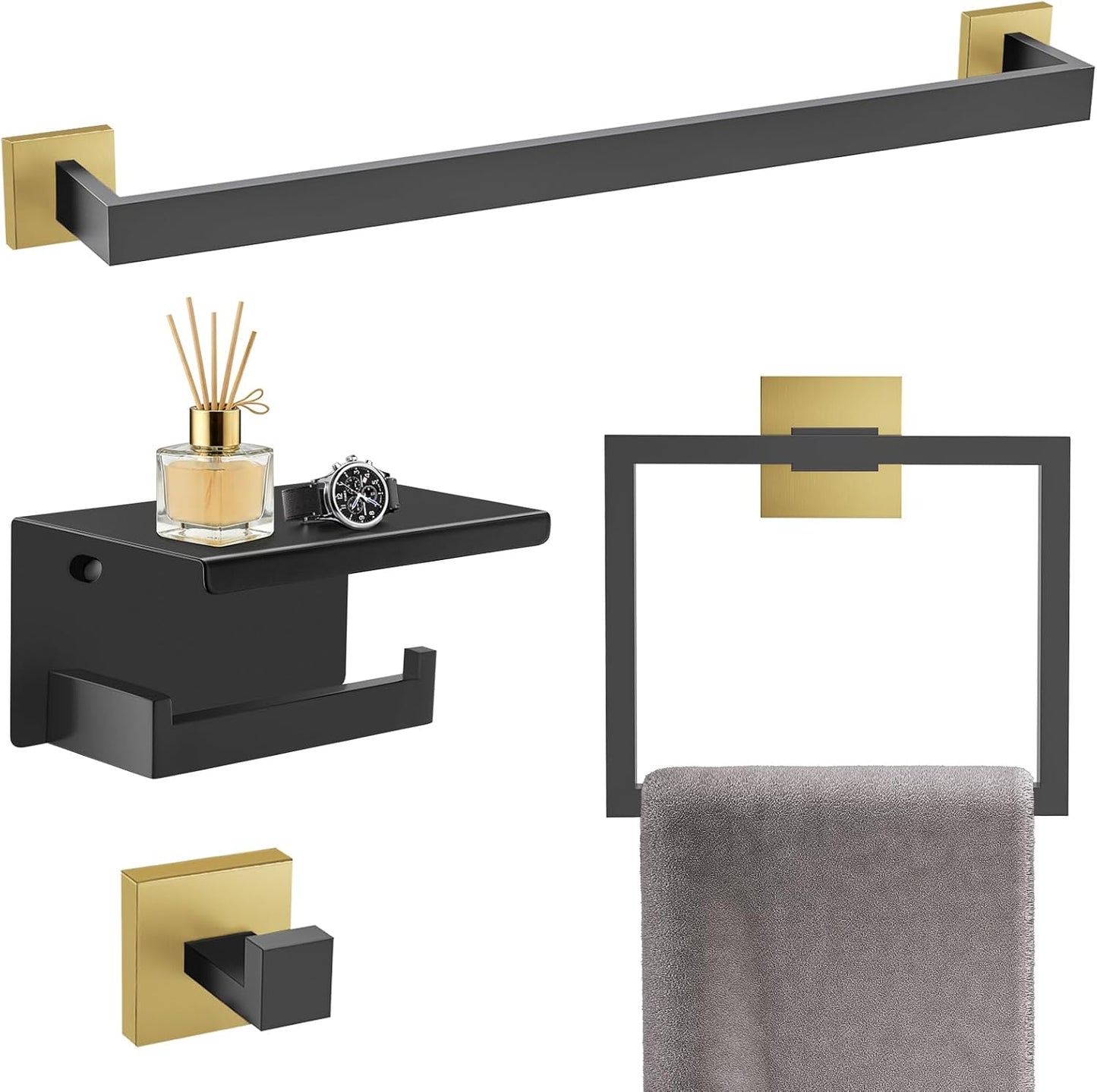 TURS Bathroom Hardware Set Black 4-Piece Towel Bar Set Include 24 Inch Towel Bar Hand Towel Holder Towel Hook Toilet Paper Holder with Shelf Wall Mounted Stainless Steel Bathroom Accessories Set