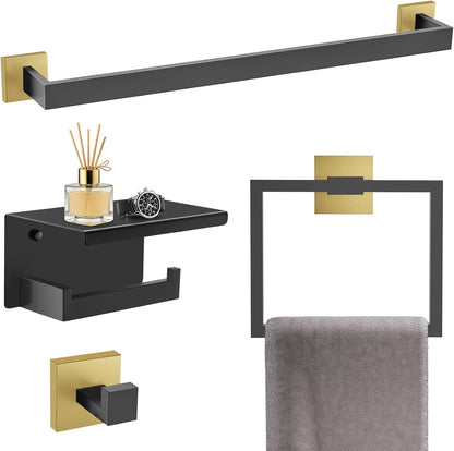 TURS Bathroom Hardware Set Black 4-Piece Towel Bar Set Include 24 Inch Towel Bar Hand Towel Holder Towel Hook Toilet Paper Holder with Shelf Wall Mounted Stainless Steel Bathroom Accessories Set