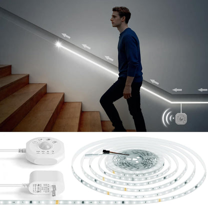 Motion Sensor LED Strip Lights 32.8ft 6500K White with Running Water Effect | Cool white running water flowing motion activated led stair lights, dimmable & auto-off timer,24v for kitchen,corridor,indoor