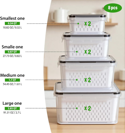 8 PCS Fruit Storage Containers for Fridge, Leakproof Produce Containers | For Fridge with Removable Colander, Microwave/Dishwasher Safe Fruit Washing Bowl Keep Fruits, Vegetables, Berry Fresh longer