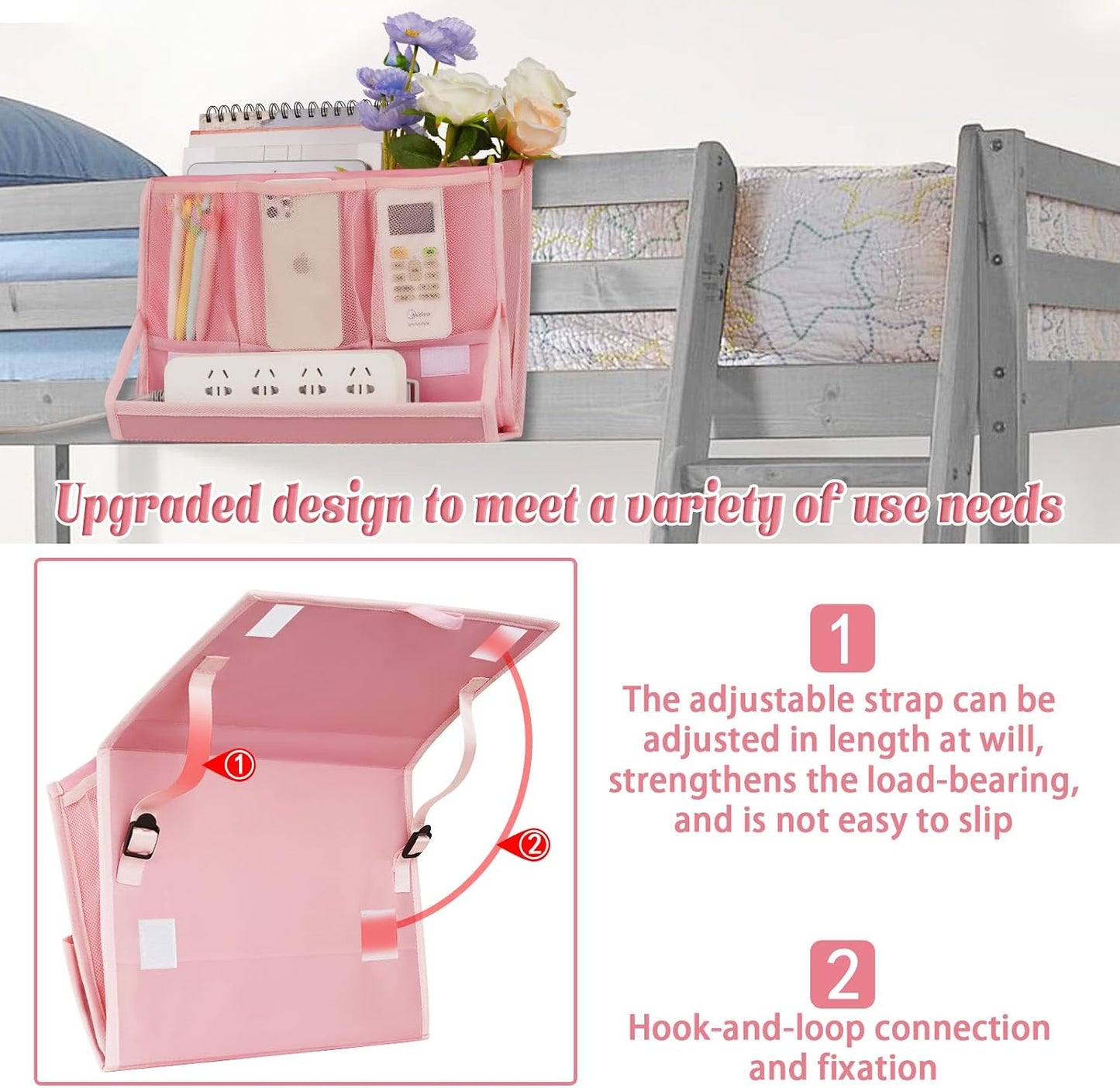 Bedside Caddy Organizer for Dorm Bed Rails with 7 Pockets, Gray | Bed Pockets Bedside Storage with Power Strip Holder & 2 Adjustable Straps for Home, College, Dorm, Hospital Bedside Organizer