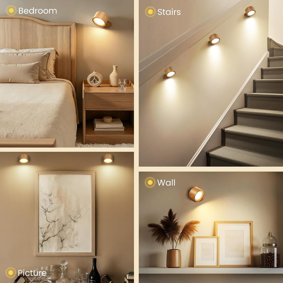 Wall Mounted Lamp, Battery Operated Wall Lights, Wood