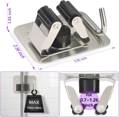 Stainless Steel Broom Holder, Heavy Duty, Rust Resistant, 4 Gripper Positions with 4 Hooks, Black | Drill-Mounted Gripper Rack Holds Brooms, Mops and Garden Tools Safely in the Laundry Room, Kitchen, Garage, Garden and Shed