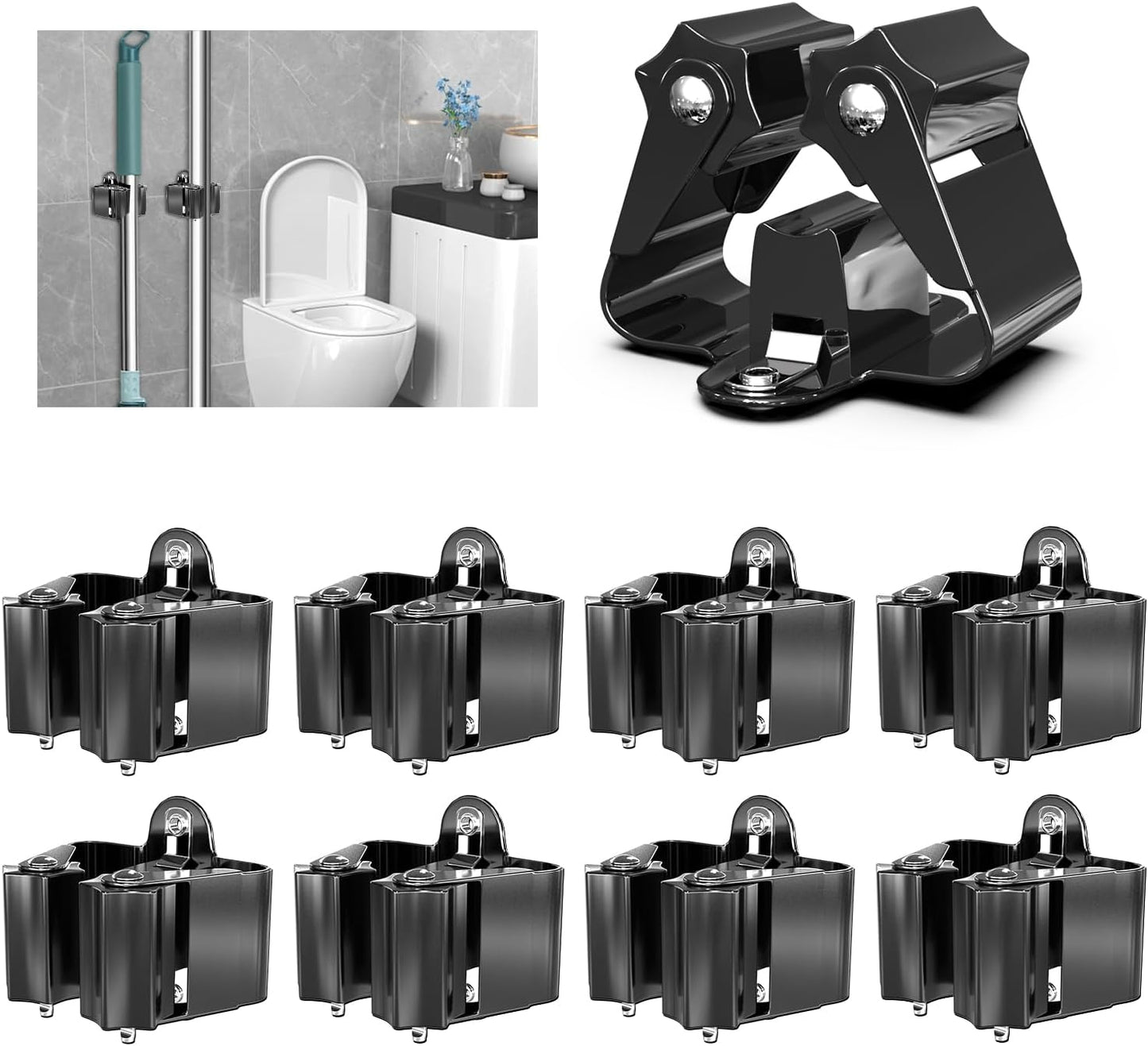 3-H Broom Holder Wall Mount 12 Pack, Heavy Duty Stainless Steel Mop and Broom Organizer Clips, Strong Grip Wall Mount Holders for Garage, Garden, Laundry Room & Utility Closet, Black