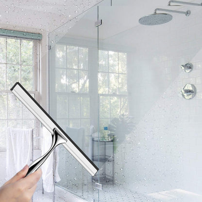 BININBOX Shower Squeegee for Shower Doors, Window, Bathroom, Mirror and Car Glass, All-Purpose Cleaning Squeegee with Powerful Suction Cup Hooks Holder – Stainless Steel, 10 Inches. (Silver)