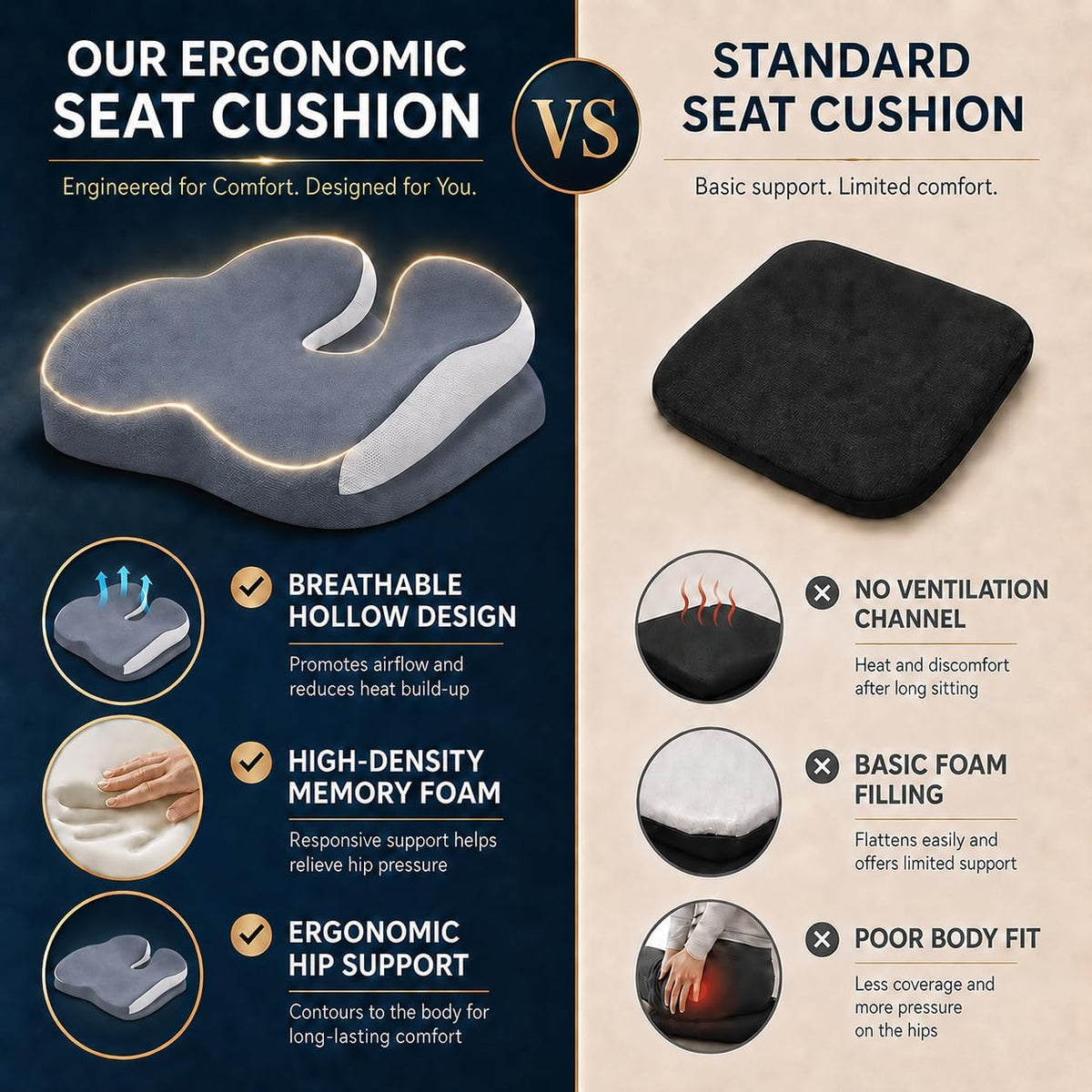 Memory Foam Ergonomic Seat Cushion for Office Chairs Pain Relief
