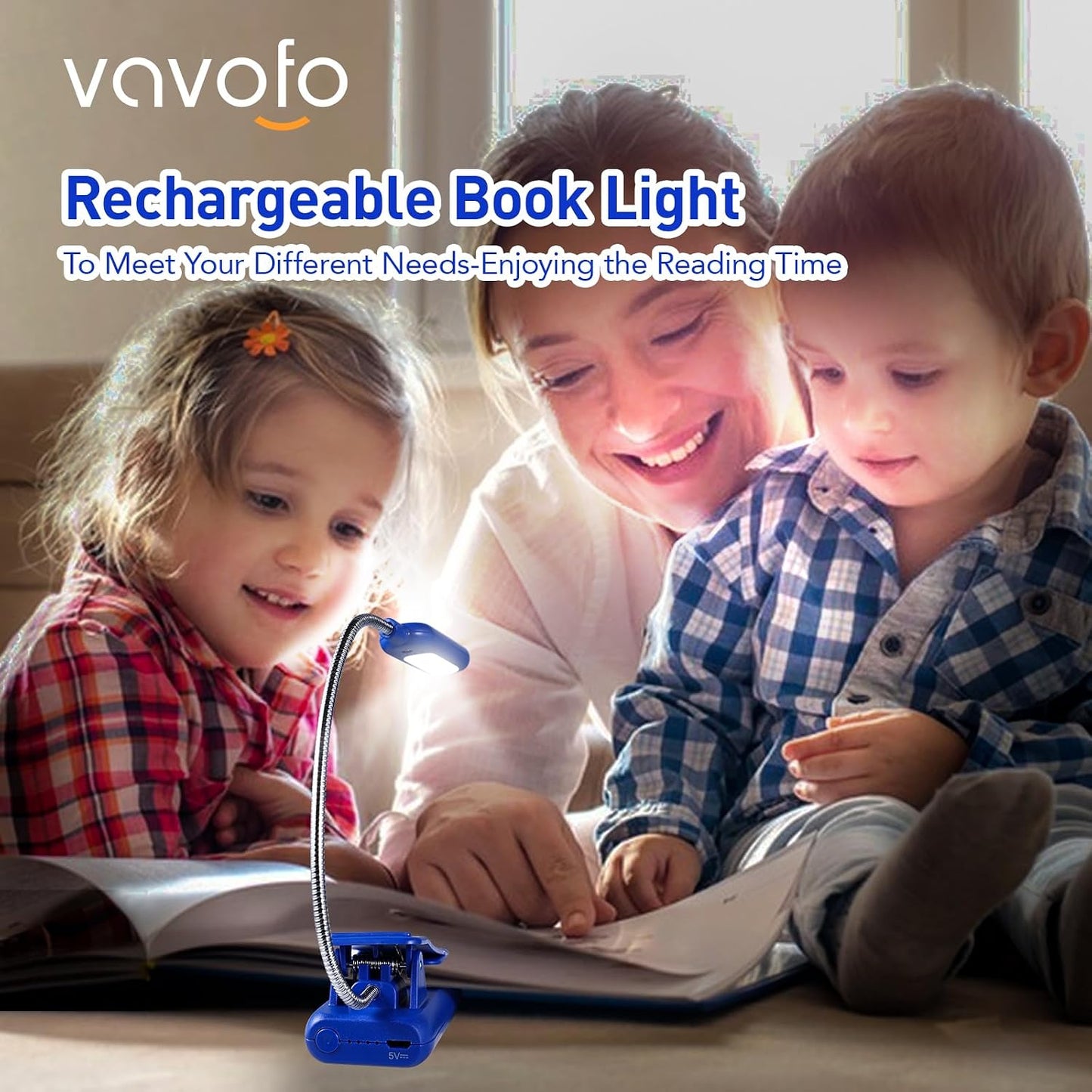 VAVOFO Rechargeable Book Light for Reading in Bed Kids, 7 LED Reading Light with 9-Level Warm Cool White Daylight, Eye Care Lamp with Power Indicator for Bookworms (Yellow)