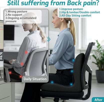 Memory Foam Seat Cushion,Office Chair Cushion with Lumbar Support for Back Pressure Relief, Car Seat Cushion with Adjustable Strap,Sciatica Pad Cushions for Car,Truck, Desk,Gaming Chair