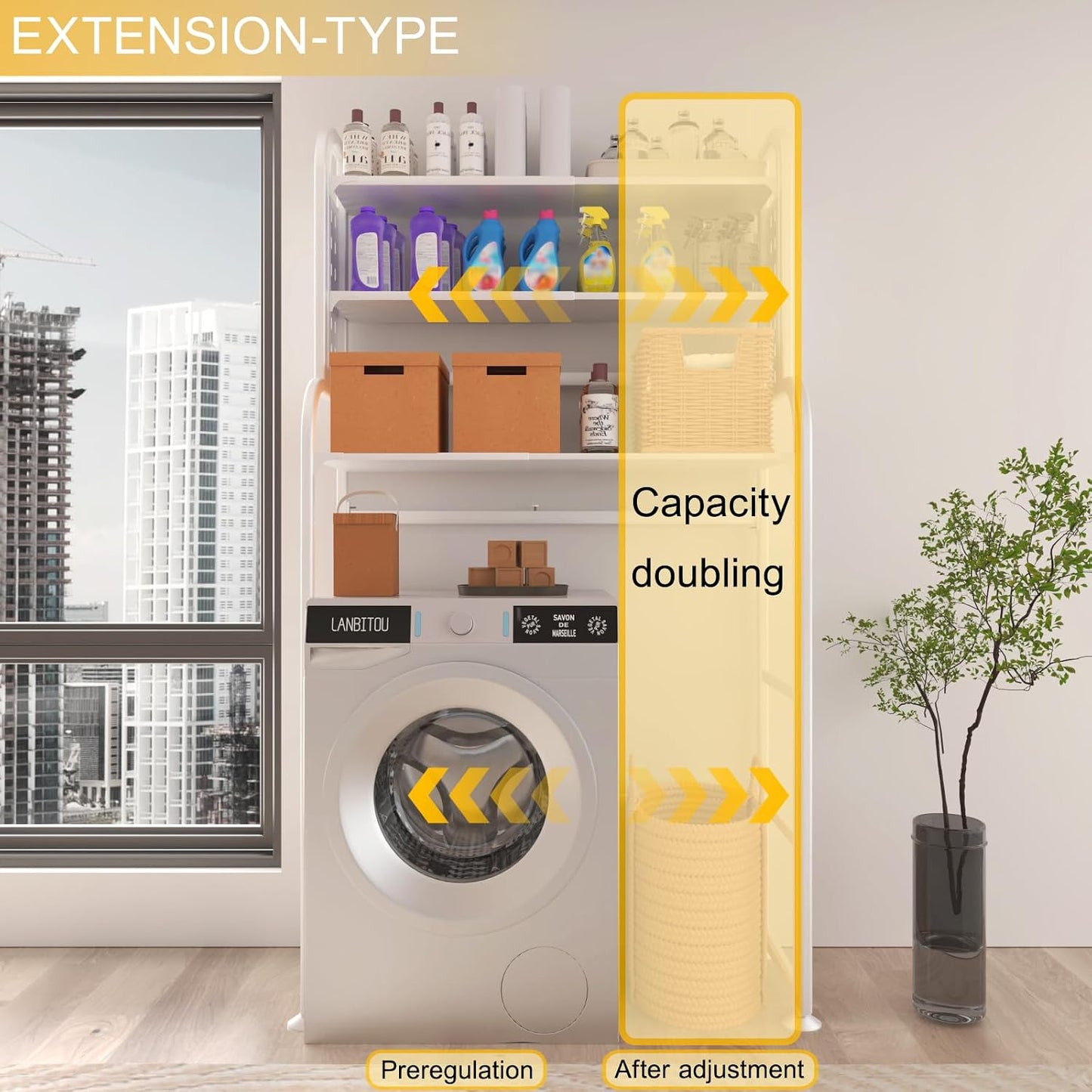 Adjustable Laundry Organizer Shelf over the Washer and Dryer Storage Shelf | 3 Tier Expandable Over Washer Storage, Over Toilet Washing Machine Bathroom Organization Shelves with Pegboard and Hook