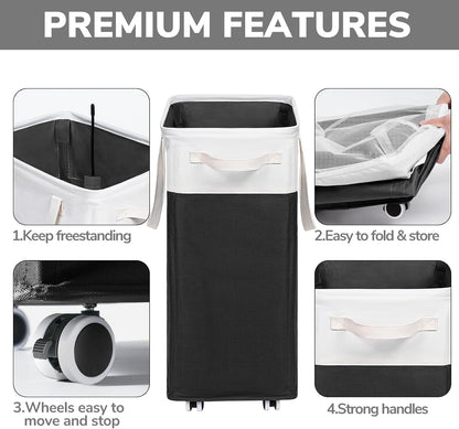 Goodpick 75L Laundry Basket with Wheels & Removable Wash Bag for Dorm | Rolling Laundry Basket with Handles for Dirty Clothes, Fodable Hamper for Laundry Room, Dorm Room Essentials, Grey