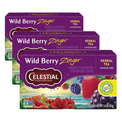 Celestial Seasonings Raspberry Zinger Herbal Tea, Caffeine Free, 20 Tea Bags Box