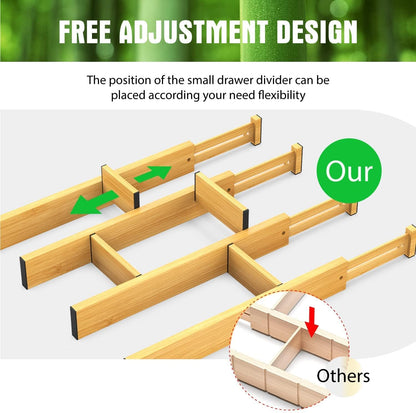 Bamboo Drawer Dividers, Expandable Drawer Separators Splitter, 17-22 inches Adjustable Spring-loaded Organizer for Large Utensil, Clothes, Tools Drawers, 6 Pack Dividers + 4 Pack Baffle