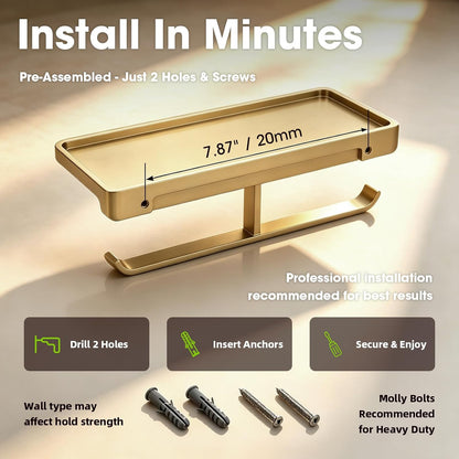 TRUSTMI Toilet Paper Holder with Phone Shelf, Zinc Alloy, Brushed Gold | Solid zinc alloy holder holds 15 lbs and fits jumbo rolls. Shelf stores phones and wipes for easy bathroom organization